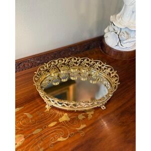 Vintage Gold Ormolu Lipstick Holder - Mirrored Vanity Tray